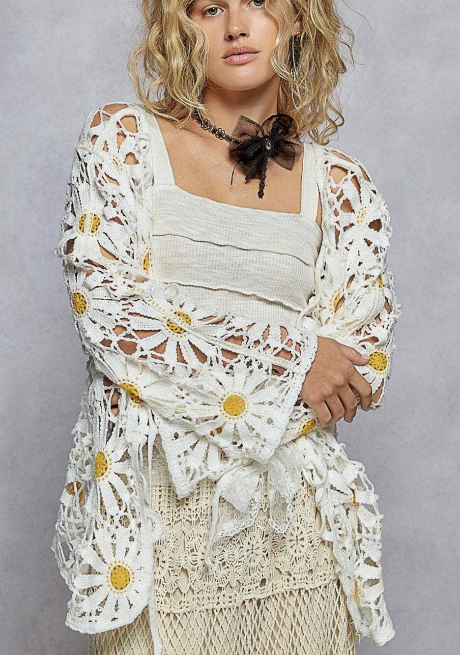 POL Crochet Daisy Kimono Topper Cardigan One Size - Best Fit Medium
